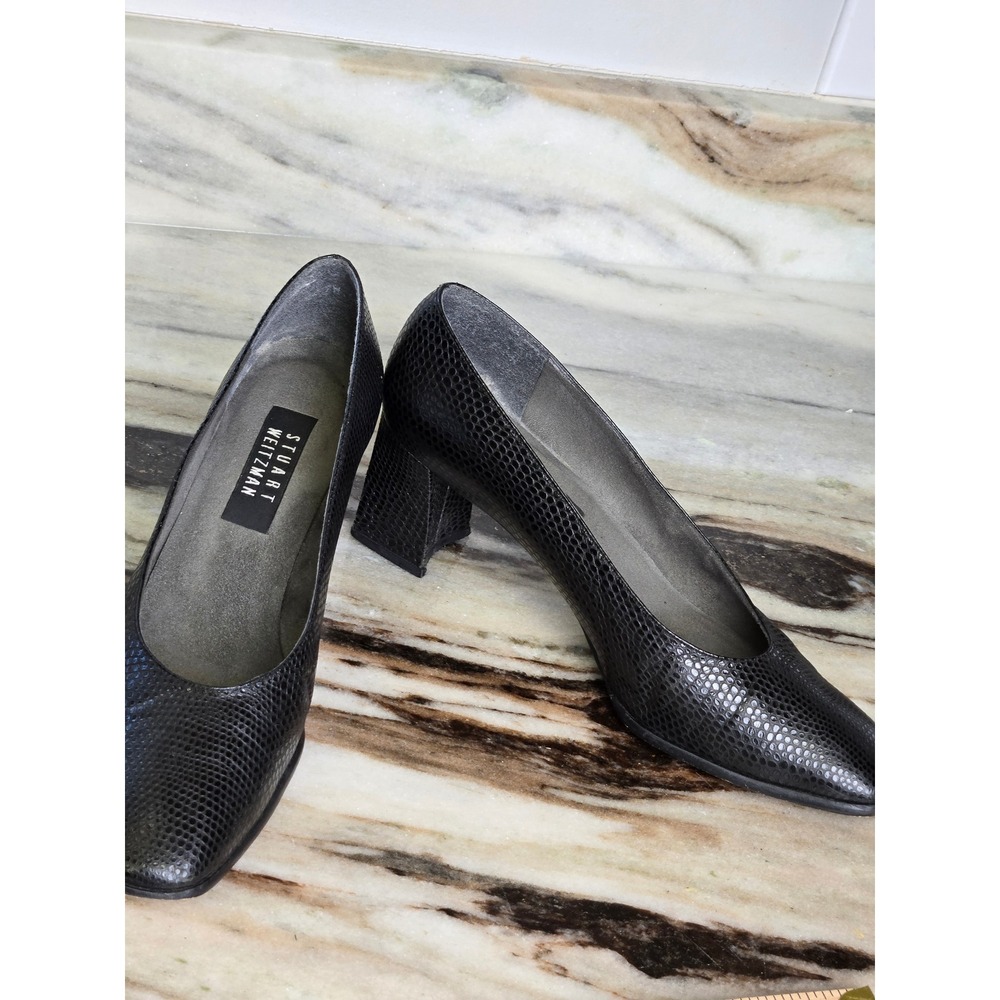 Stuart Weitzman Black Lizard Embossed Square Toe Block Heel Pumps Mens Size 7M - Picture 12 of 12